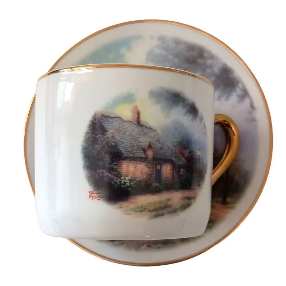 Thomas Kinkade Moonlight Cottage Tea Cup Saucer‎ Vase Teleflora Gold Trim Set